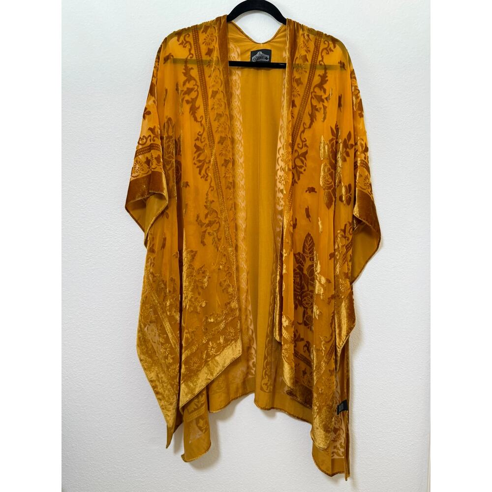 Angie Boho Floral Burnout Velvet Kimono – Gold Mustard – One Size